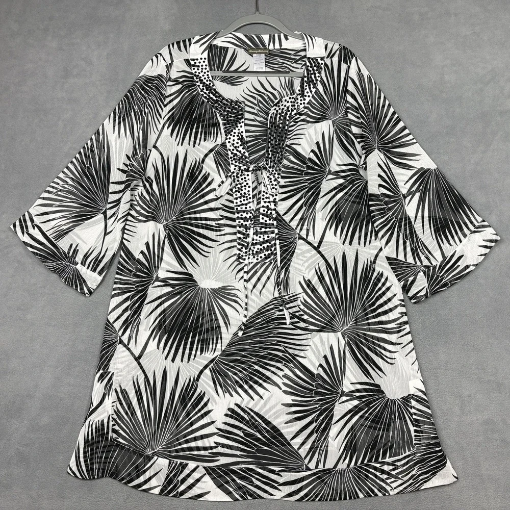 Tommy Bahama Size XL Black White Palm Print Swim Cover Up Tunic Beaded Tropical